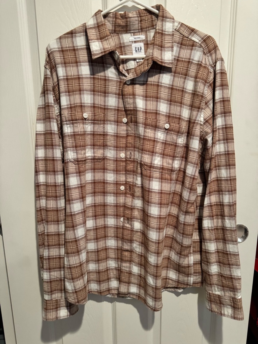 GAP Brown and White Plaid Long-Sleeve Button-Up Shirt